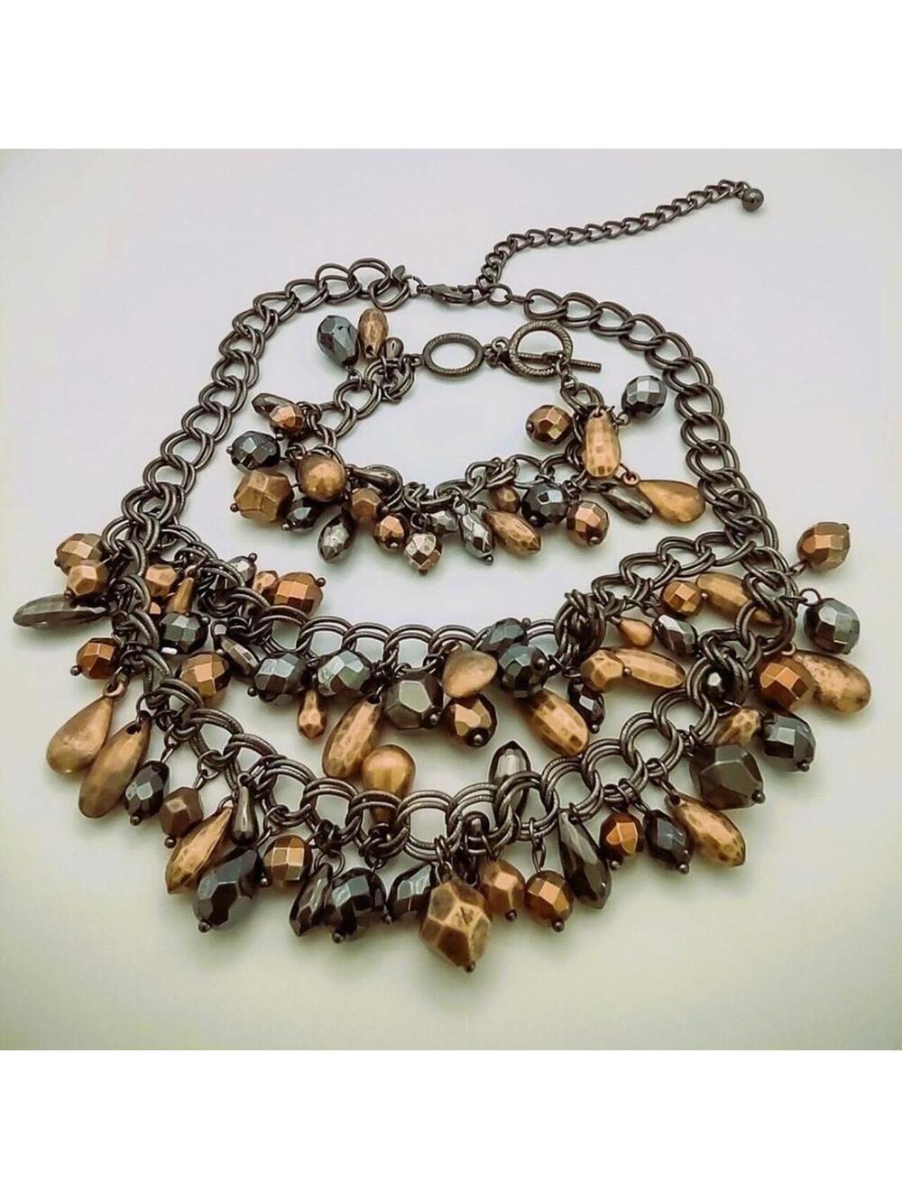 4-PREMIER DESIGNS 19" NECKLACE 7" BRACELET SET Gunmetal Black & Copper Color